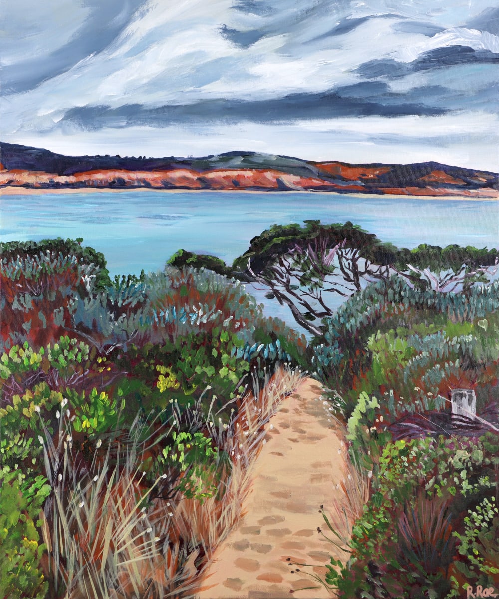 Over the dunes by Rachel Rae  Image: Over the dunes by Rachel Rae - Returning over the dunes the red cliffs surrounding the bay stretch along the horizon. The blues and greens of the coastal plants complement the earth tones of the rocks. Onward down the path ready to start the day. 