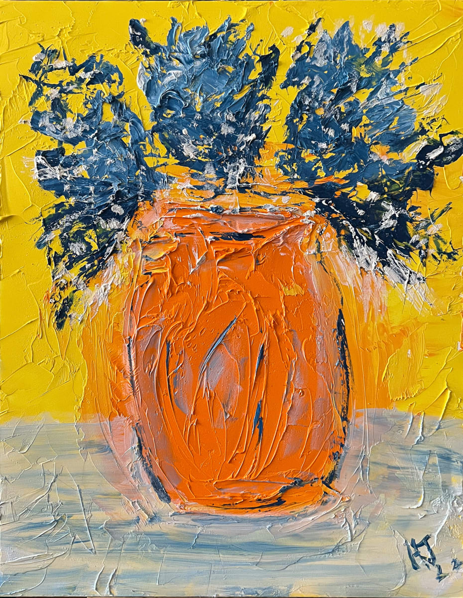 Orange Vase with Three Blue Flowers by Henk Jonker, Image 1.