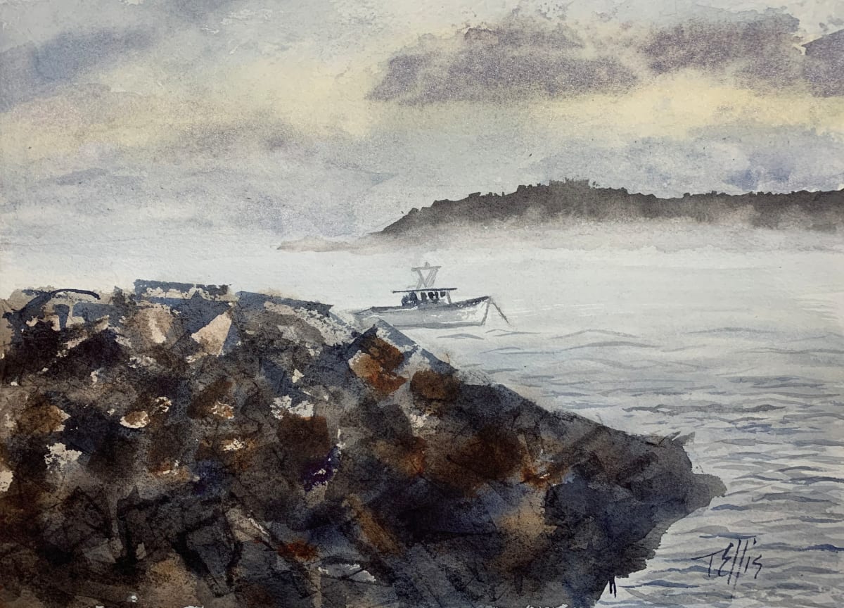 Ten Below by Tina Ellis  Image: Sea smoke on Spruce Head harbor Maine.  Captain Alex Cousens boat “Money Shot”.