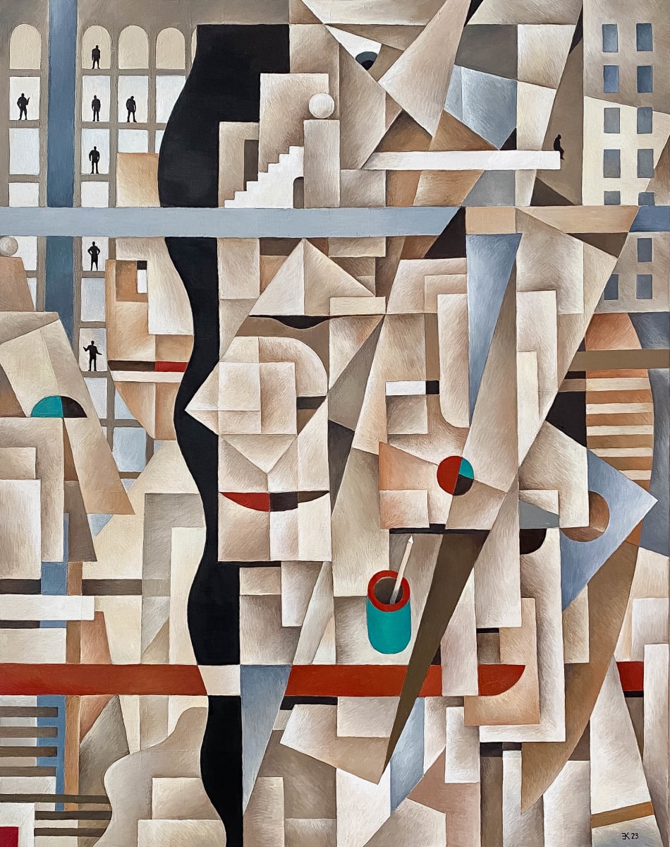 Geometry Games by Elena Kochetkova  Image: "Geometric Games" was meticulously crafted for the PMG Development Group's Miami office, a vibrant hub where architects and designers collaborate on extraordinary building projects. This engaging piece elegantly harmonizes geometric forms into a captivating abstraction. The artwork features an intricate composition of overlapping rectangles, triangles, and polygons that interweave seamlessly, creating a rich, layered effect that draws viewers into its depth.
The use of muted tones such as beige, gray, and brown, complemented by occasional accents of red and turquoise, offers a soothing yet dynamic palette that enhances the visual experience. The meticulous interplay of light and shadow in "Geometric Games" contributes to its three-dimensional illusion, bringing the piece to life with movement and depth. The intersecting shapes offer a sense of harmony and flow that is both calming and intriguing.
Inspired by the playful geometry often seen in architectural and design work, this piece captures the essence of structured creativity. It stands as a testament to the beauty found in both order and chaos, inviting viewers to explore the subtle complexities woven into its fabric. Whether admired from afar or examined up close, "Geometric Games" promises a visually enriching journey that engages and delights. This artwork uniquely blends precision with artistry, designed to captivate and inspire.