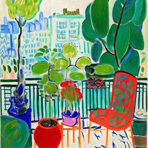 Terrace View Study 6 by Karla Cohen  Image: Colorful painting of the view from a room in Paris