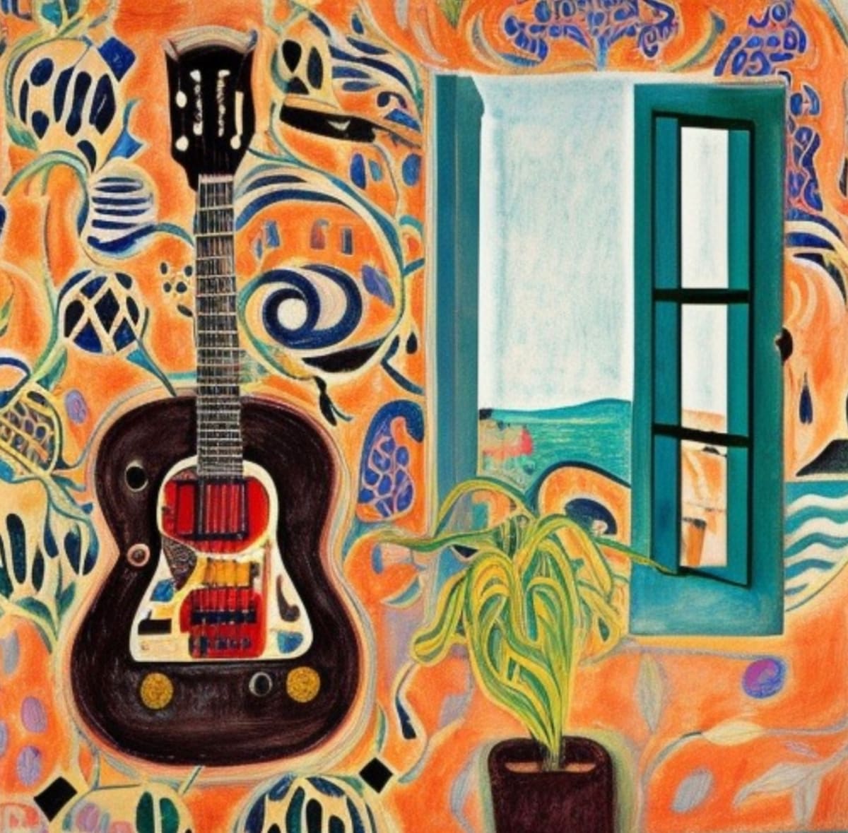 Static Electric (Guitar) by Karla Cohen  Image: Painting of a guitar in a music room, floating from the surrounding energy and bursts of color 