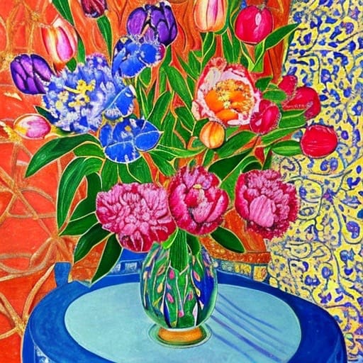 Bursting Blooms by Karla Cohen  Image: Lively bold colored floral still life study