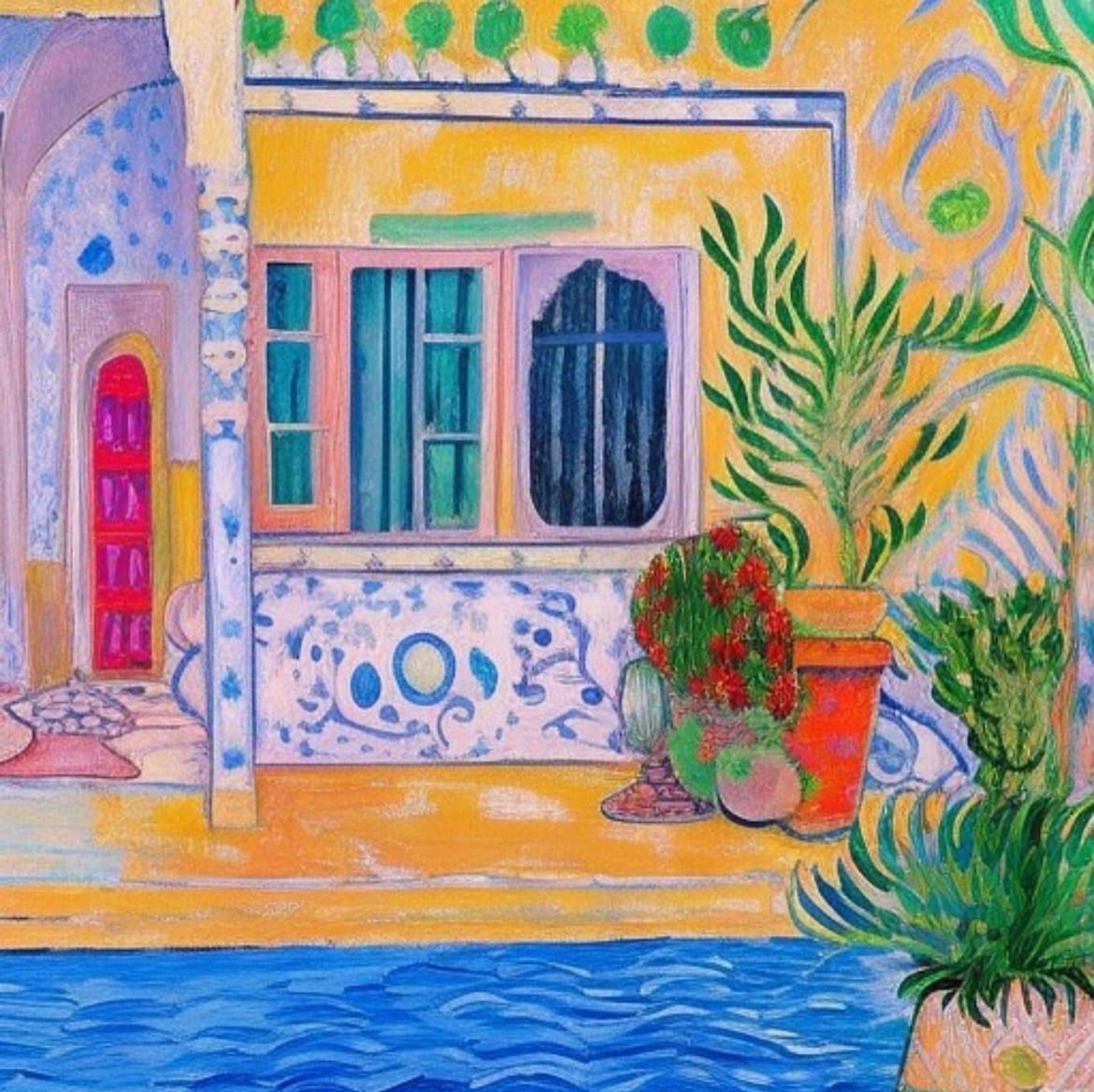 Moroccan Terrace by Karla Cohen  Image: Exterior study (painting) of Moroccan village home and study 