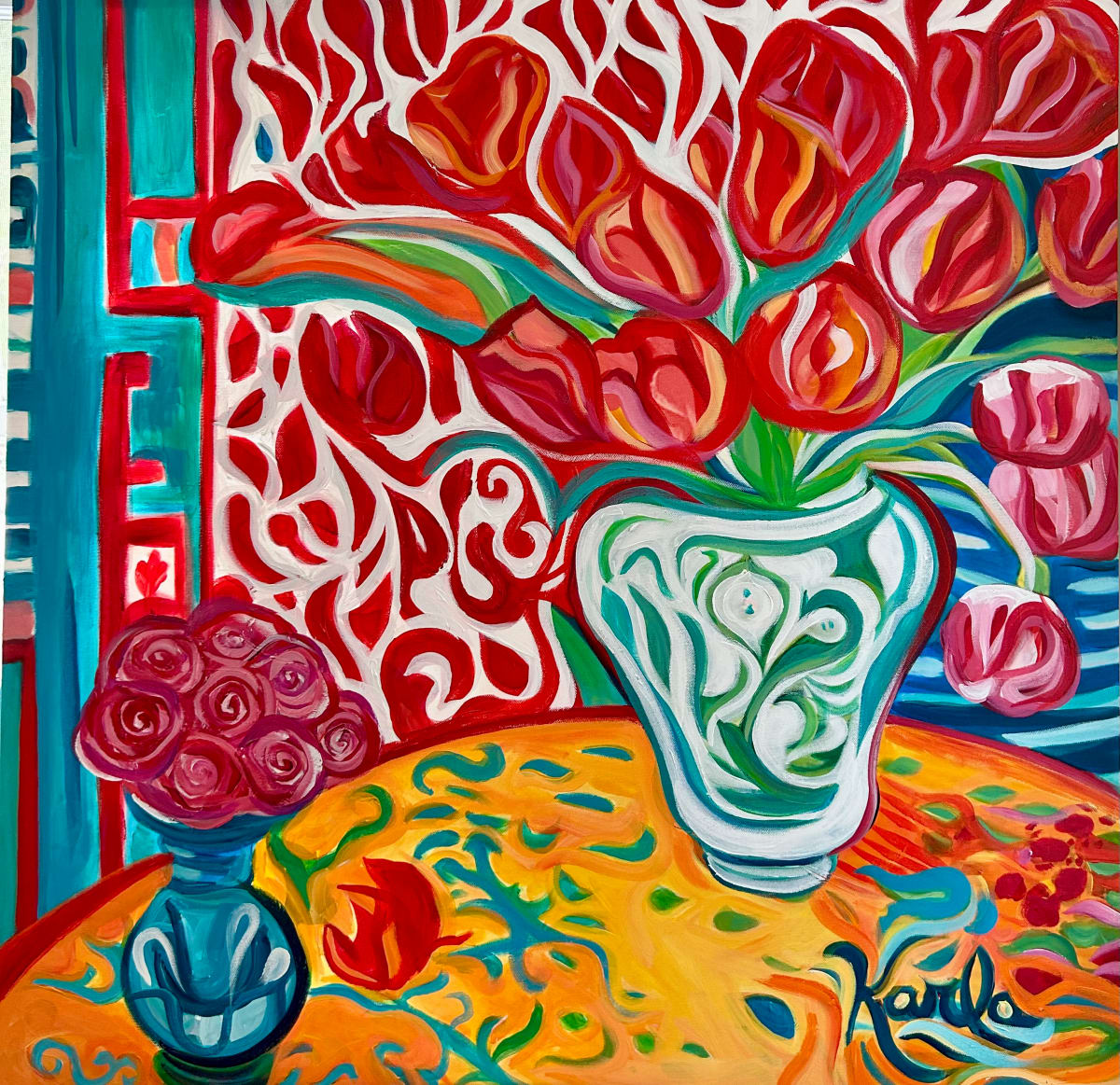 Floral Study 18 by Karla Cohen  Image: Modern interpretation of a floral arrangement inspired by my time in Singapore and works of Matisse and Gauguin 