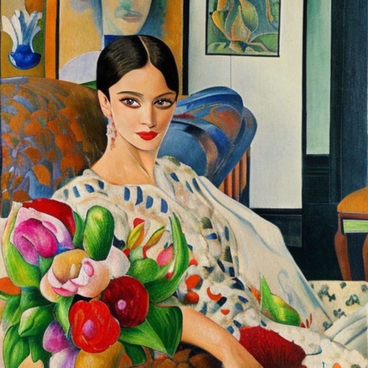 Spanish Woman 1 by Karla Cohen  Image: Colorful portrait of a woman who seems from another time yet is surrounded by bold colors, patterns, and styles of today, clothing and colors inspired by Gucci