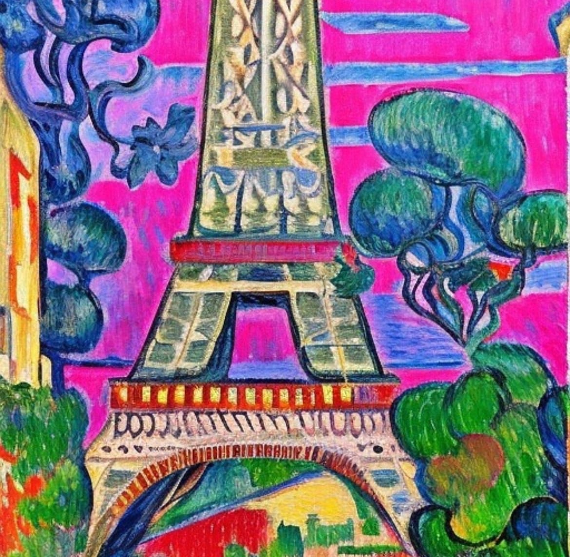 Paris in Pink by Karla Cohen  Image: a modern interpretation of the Eiffel Tower in the tradition of the Fauvists