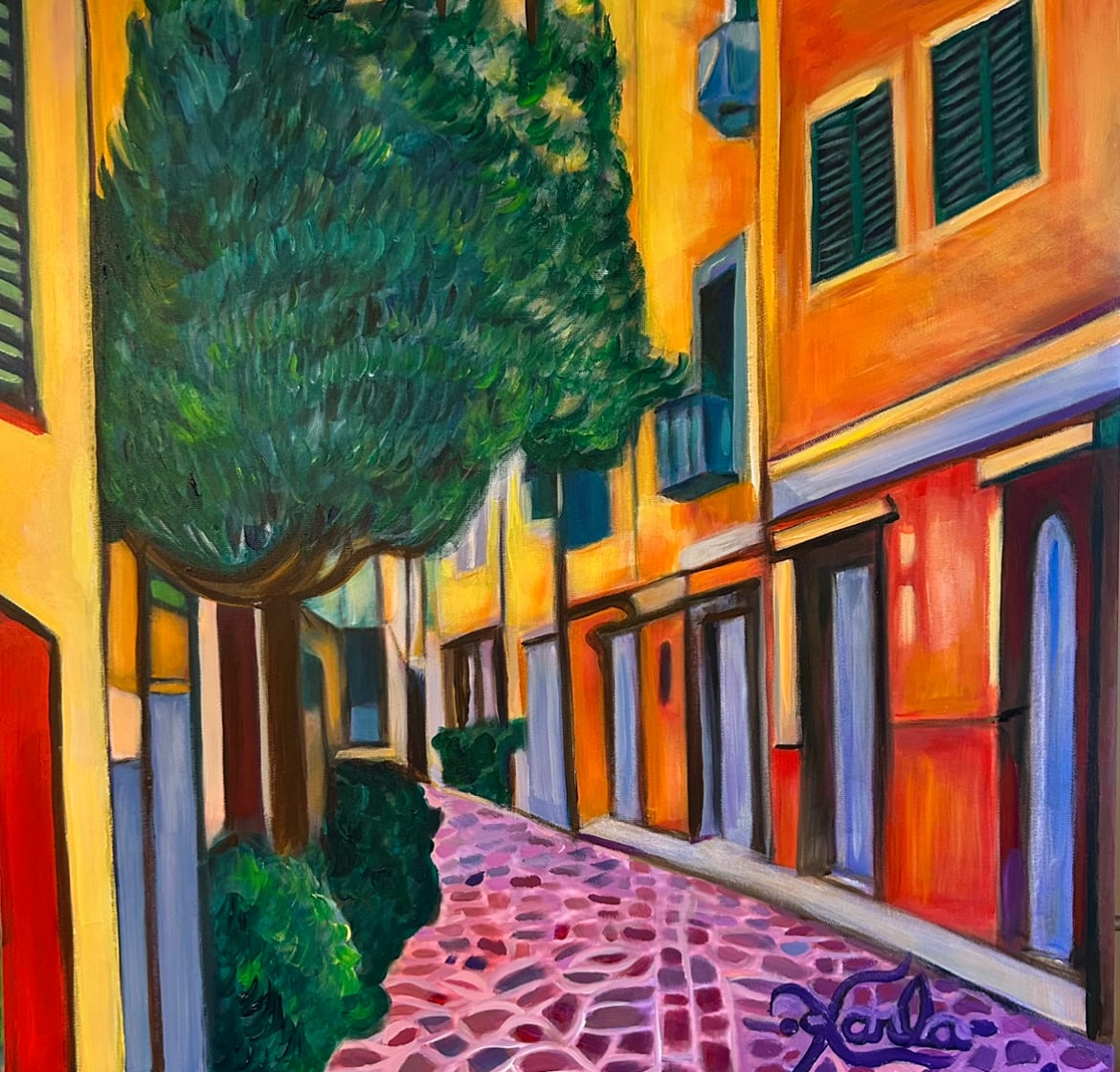 Croatia by Karla Cohen  Image: Painting of a street in Europe that is reminiscent of scenes from Croatia, now in the collection of Professor Jasmina Chauvin at Georgetown