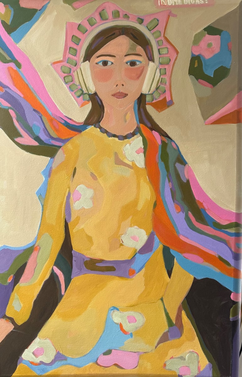 No Me Digas by Ana Stapleton  Image: No Me Digas technically means "Don't Tell Me". But it actually means a bunch of other stuff, like "No Way!" or "You're Kidding!" or simply "Wow".  There's an element of gossip to it. The headphones she wears poke fun at the literal translation and it's failure to capture the zest of the idiom. 