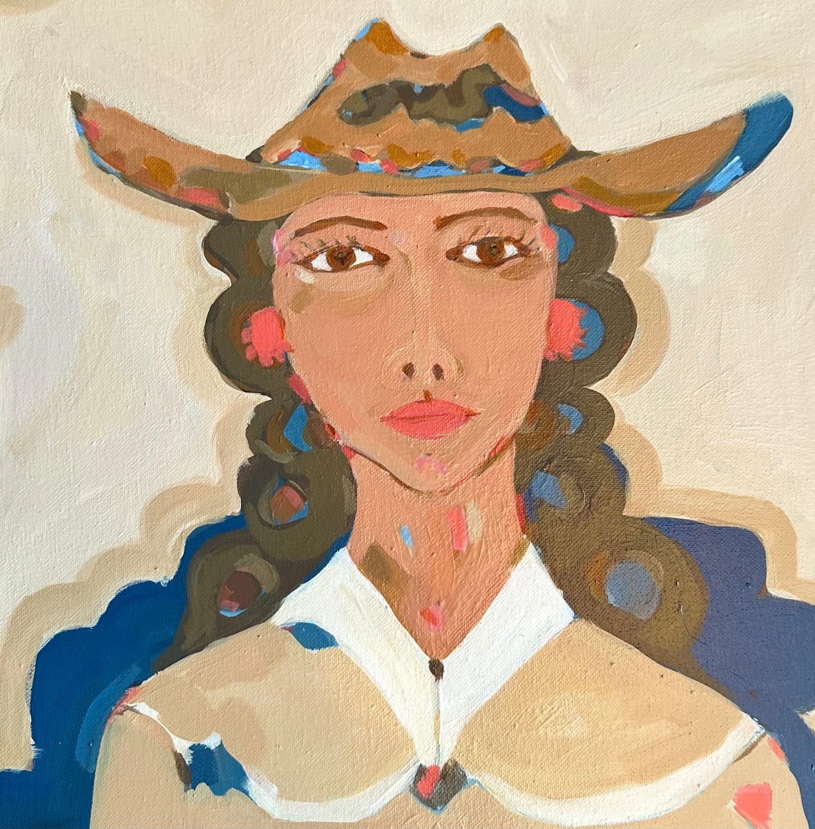 Piel Canela by Ana Stapleton  Image: This portrait is inspired by grandfather's favorite song by the Mexican band, Trio Los Panchos. Piel Canela means "skin of cinnamon". We used to play records on his record player and watch the sun set over the Rio Grande, back before phones came along and ruined it all. 