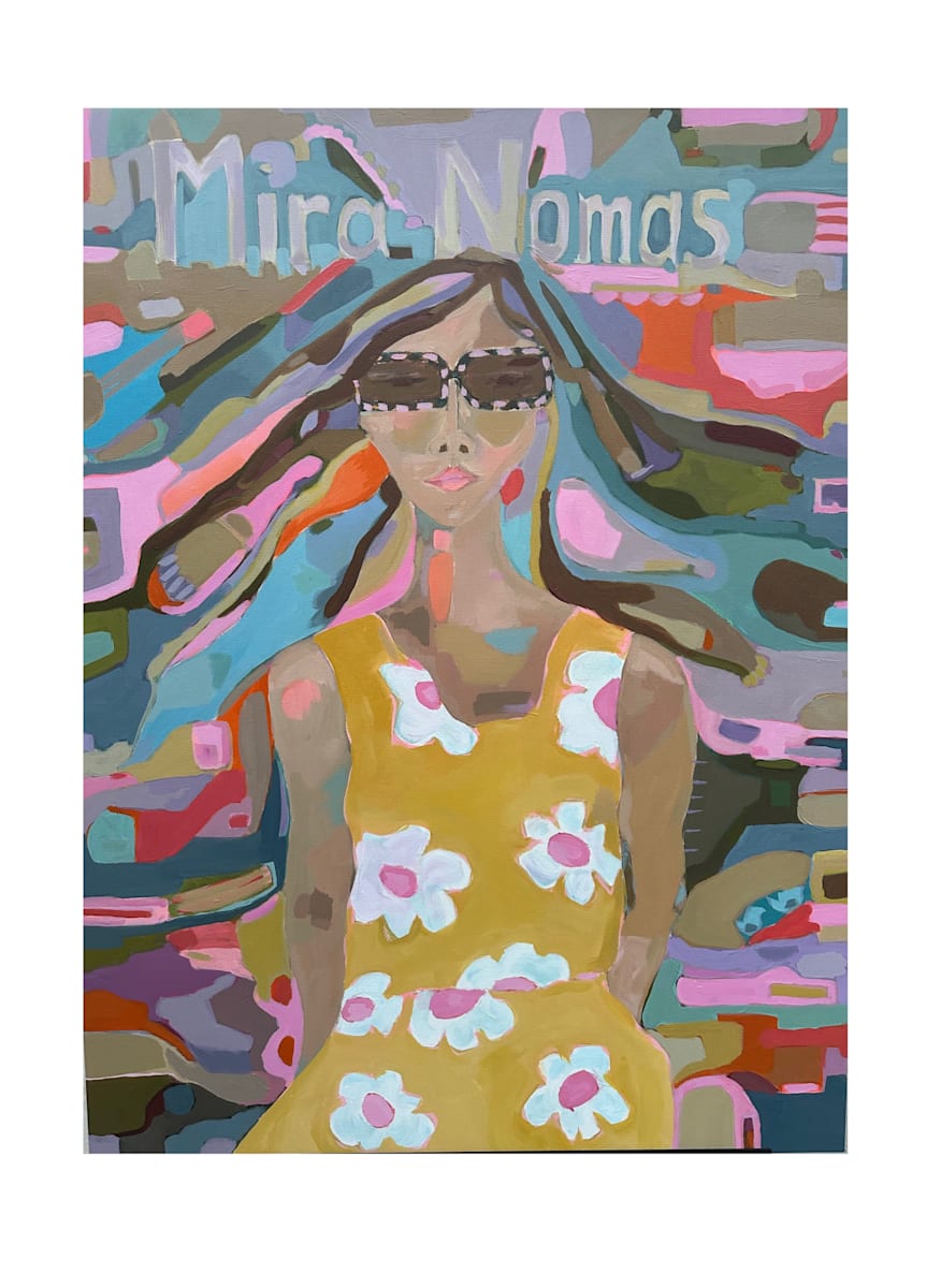 Mira Nomas by Ana Stapleton  Image: Based on a Spanish idiom meaning “check this out”, this painting plays with the mixed message of seeing while not being seen. The sunglasses offer protection from being fully known, as the women in my family were urged to be demure, polite, and quiet while the culture itself is often recognized as passionate, expressive, and colorful. 