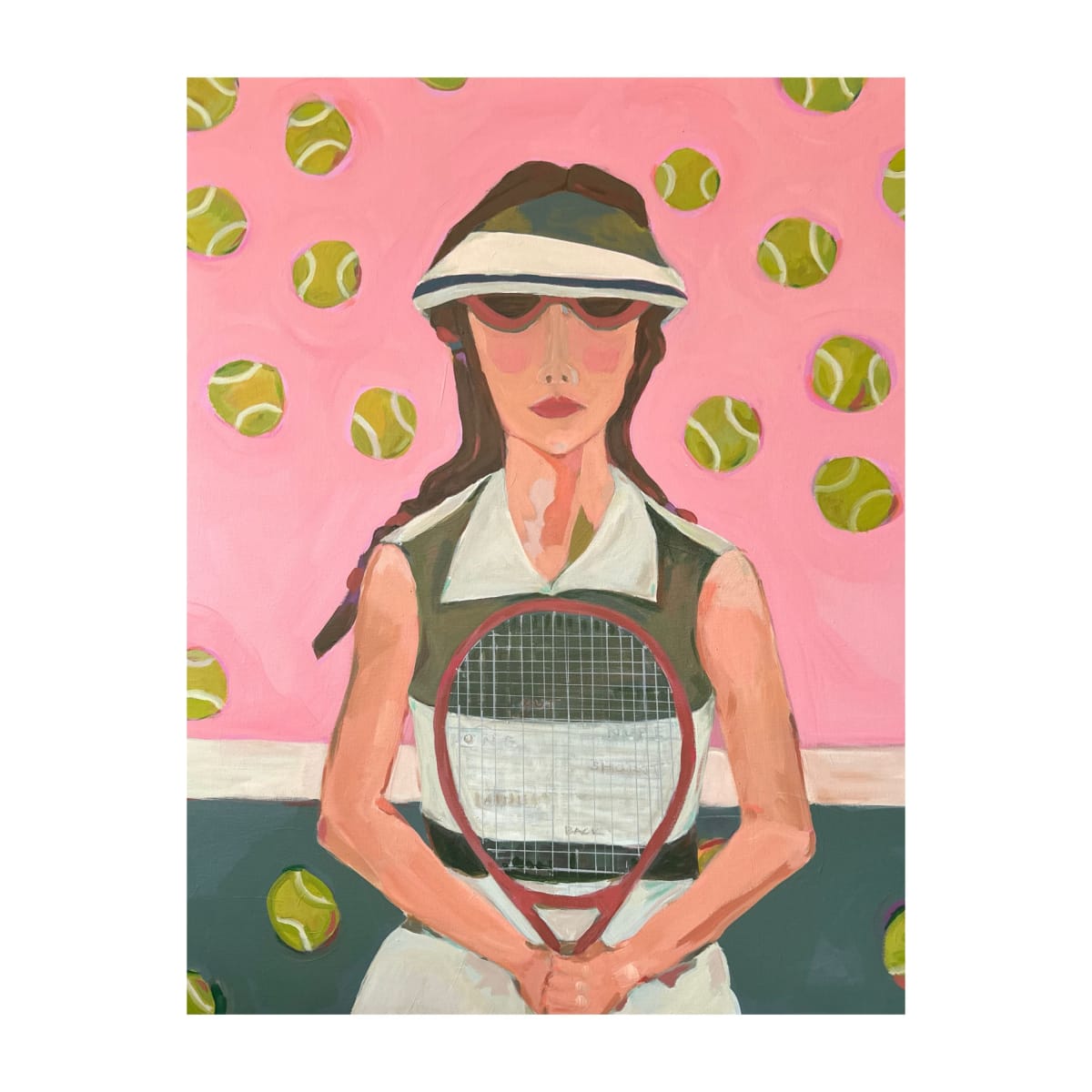 99 Lessons and It Still Goes Long by Ana Stapleton  Image: The tennis ball confounds me. Just when I think  I’ve finally gained some  mastery over its path, it mocks me by going wide, long, short, or generally bonkers. This piece reflects the ongoing gymnastics of trying, and failing, to tame the little yellow beast. 