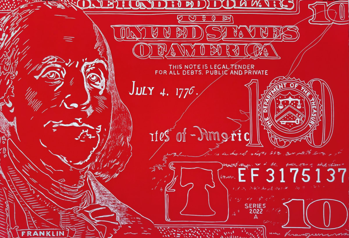 New $100 Bill, Red Plate I by Maricela Sanchez 