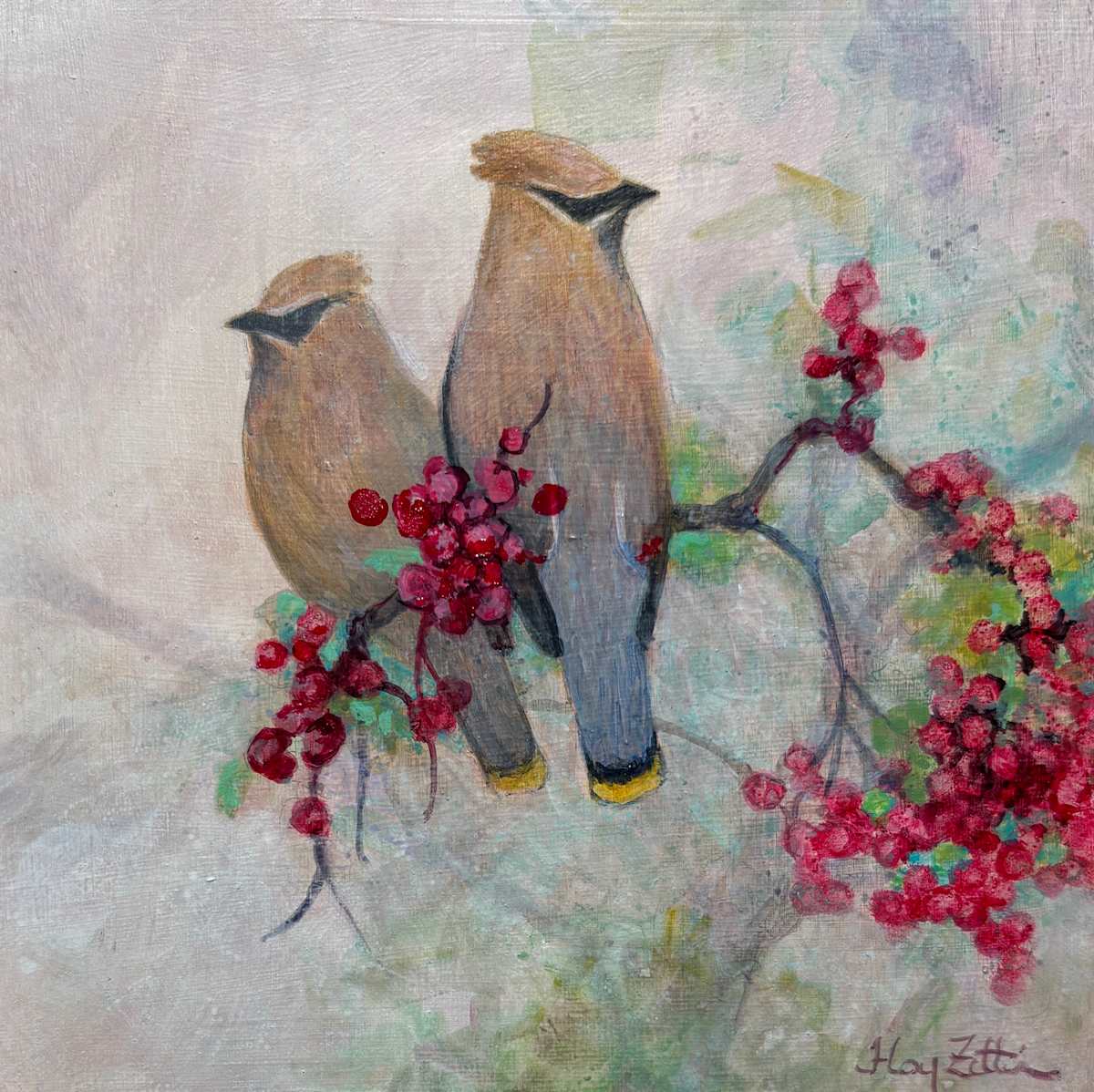 Cedar Waxwings and Berries by Floy Zittin 