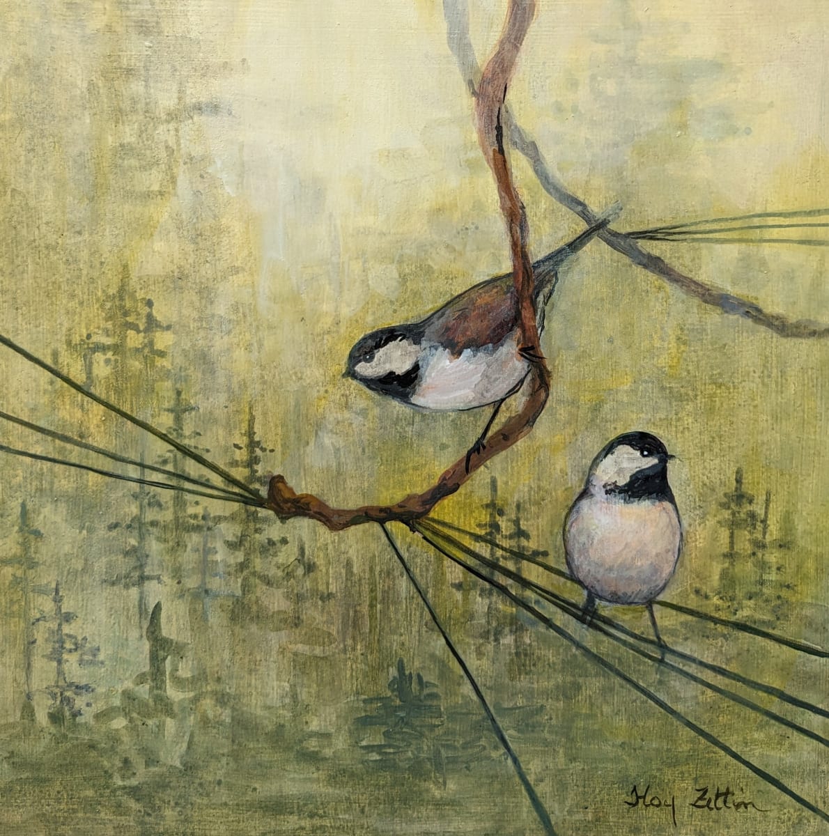 Chickadees and Pine by Floy Zittin 