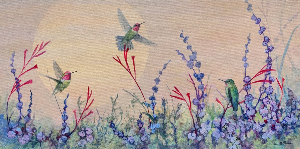 Hummingbirds, Flowers and a Moon by Floy Zittin 