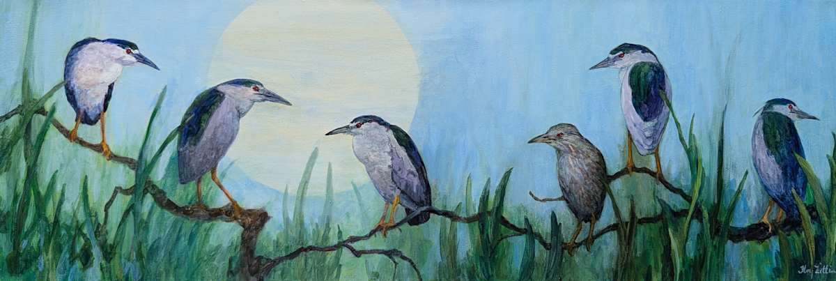 Night Herons and Moon by Floy Zittin 