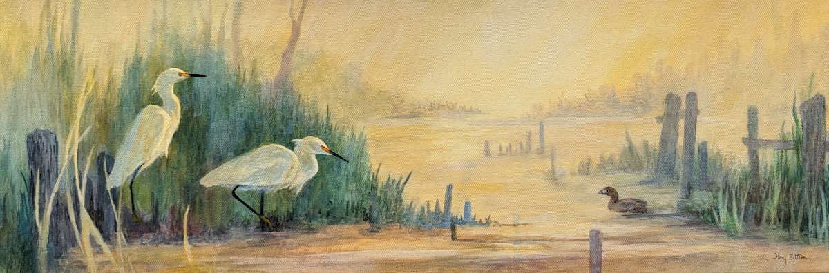 Snowy Egrets and Pilings by Floy Zittin 