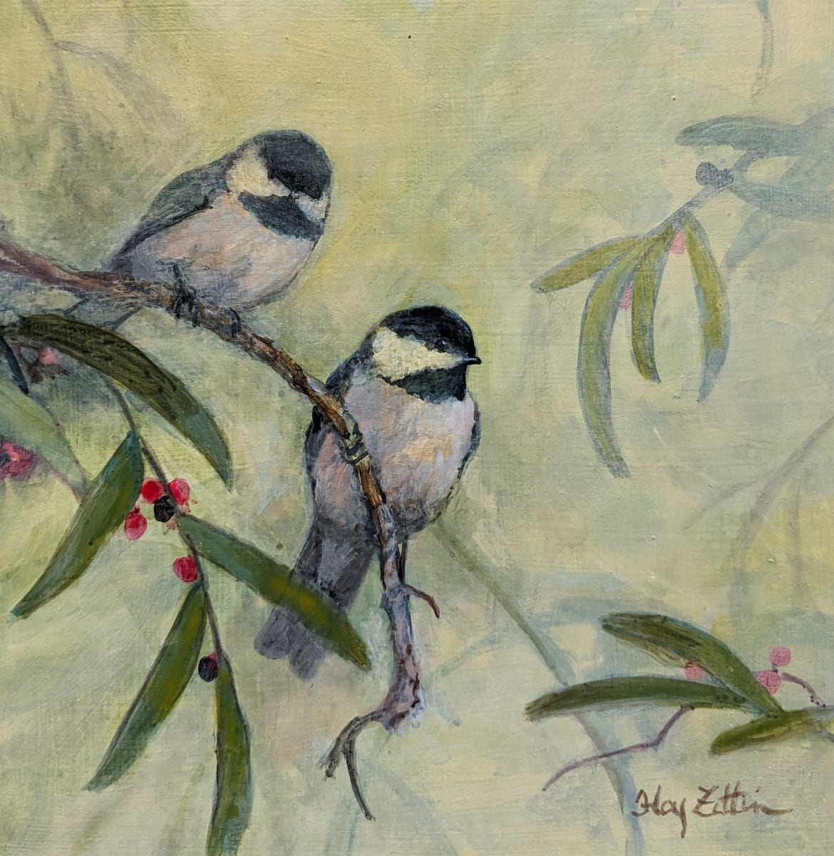 Two Chickadees by Floy Zittin 