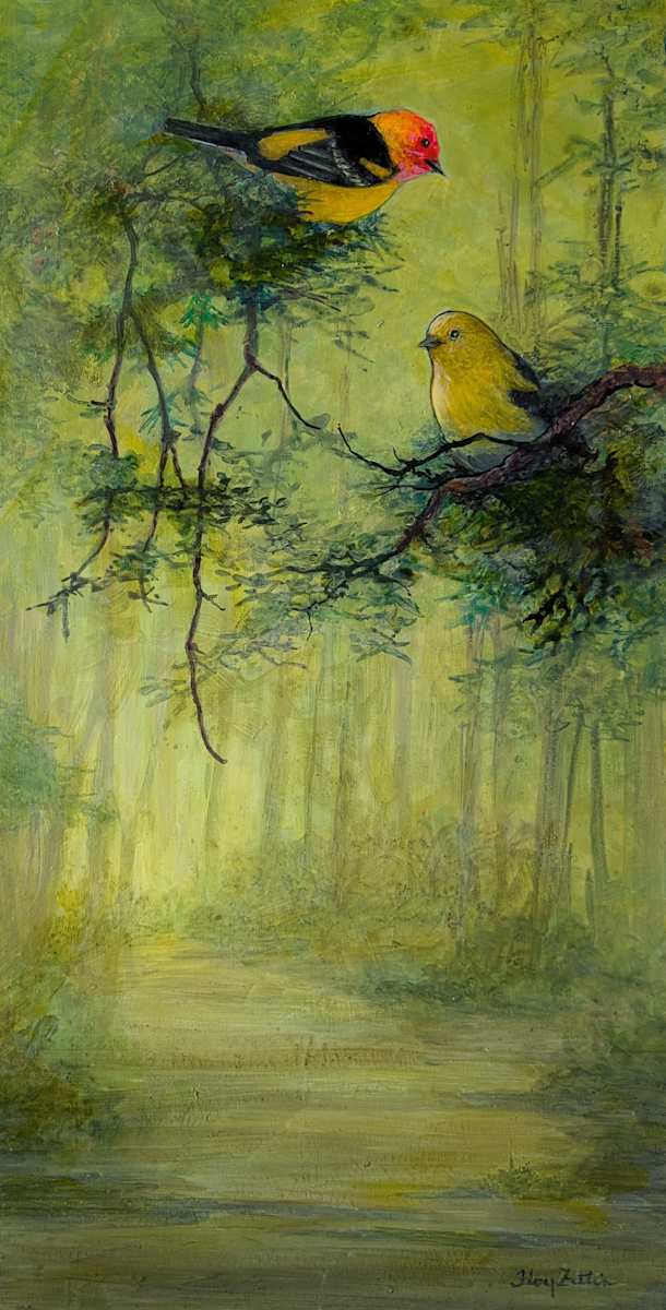 Western Tanagers and Trail by Floy Zittin 