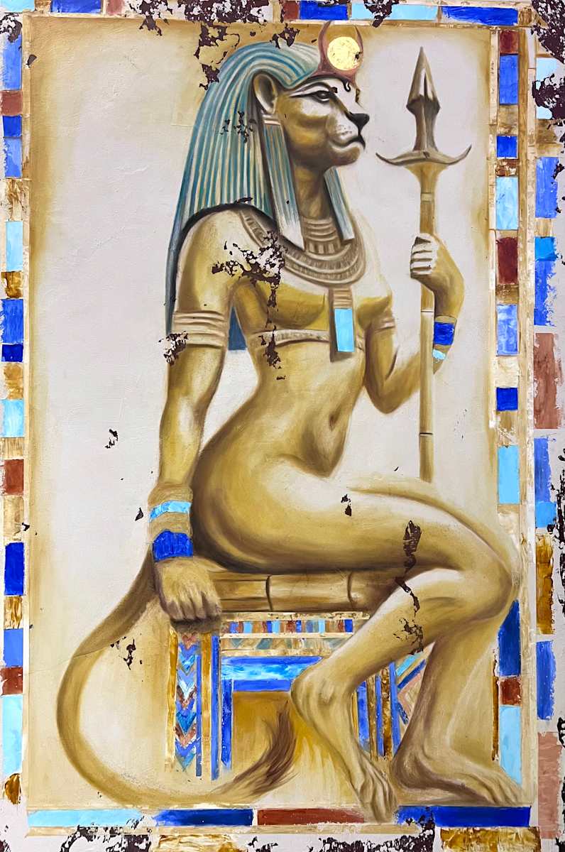 Sekhmet :  The Powerful One by Tabitha Benedict  Image: Sekhmet- lion headed Egyptian Goddess of war, embodying both destruction and healing. Daughter of the Sun God Ra and the wife of Ptah, the cosmic architect.