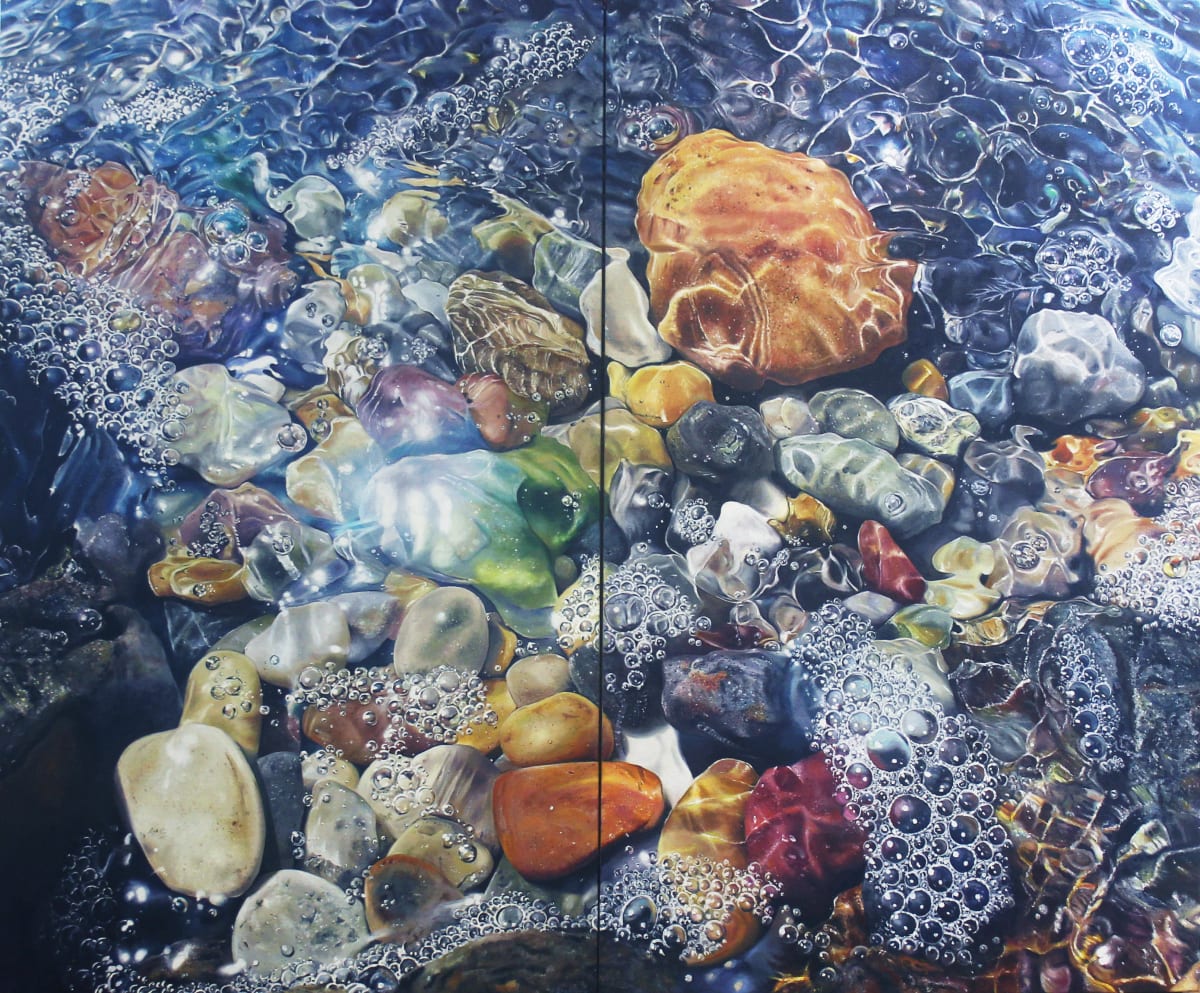 Immerse by Heather Bradbury  Image: This image, influenced by a photo from the Mersey River in Devonport, Tasmania is one section of two pantings that makes up one image. 

“Painting immerses me; I listen to music and enter a colourful world of oil painting mindfulness. 
Water and reflections soothe my soul. 
This painting marked a turning point in my life, 
filling me with joy and determination.” 
