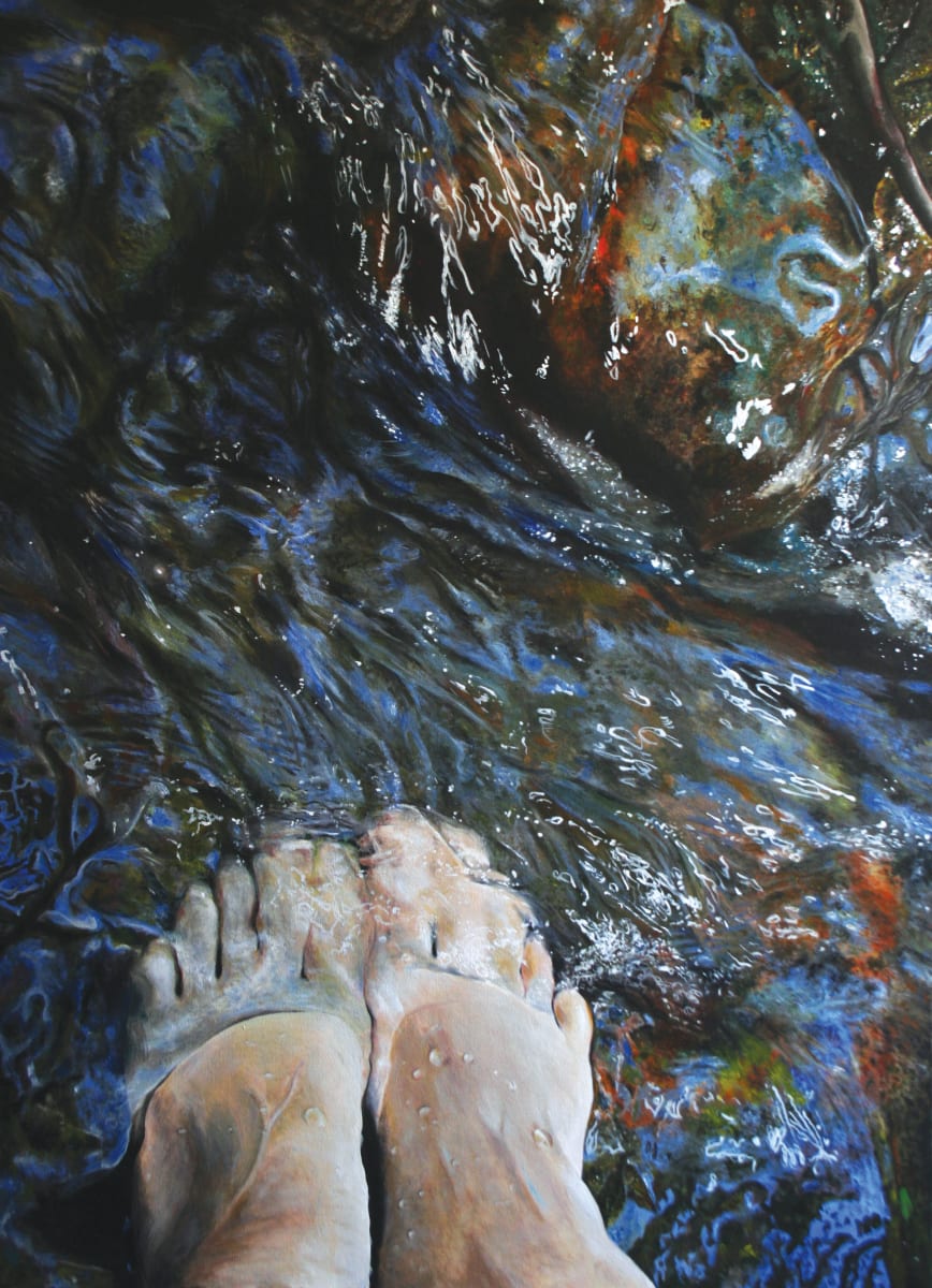 Forgiven by Heather Bradbury  Image: Forgiven is an interpretation of a photo taken at a small mountain creek near Poatina, Tasmania, where the artists lived for 18 years. Some say the water there is the purest in the world. A source of life joy, refreshment, and hope.