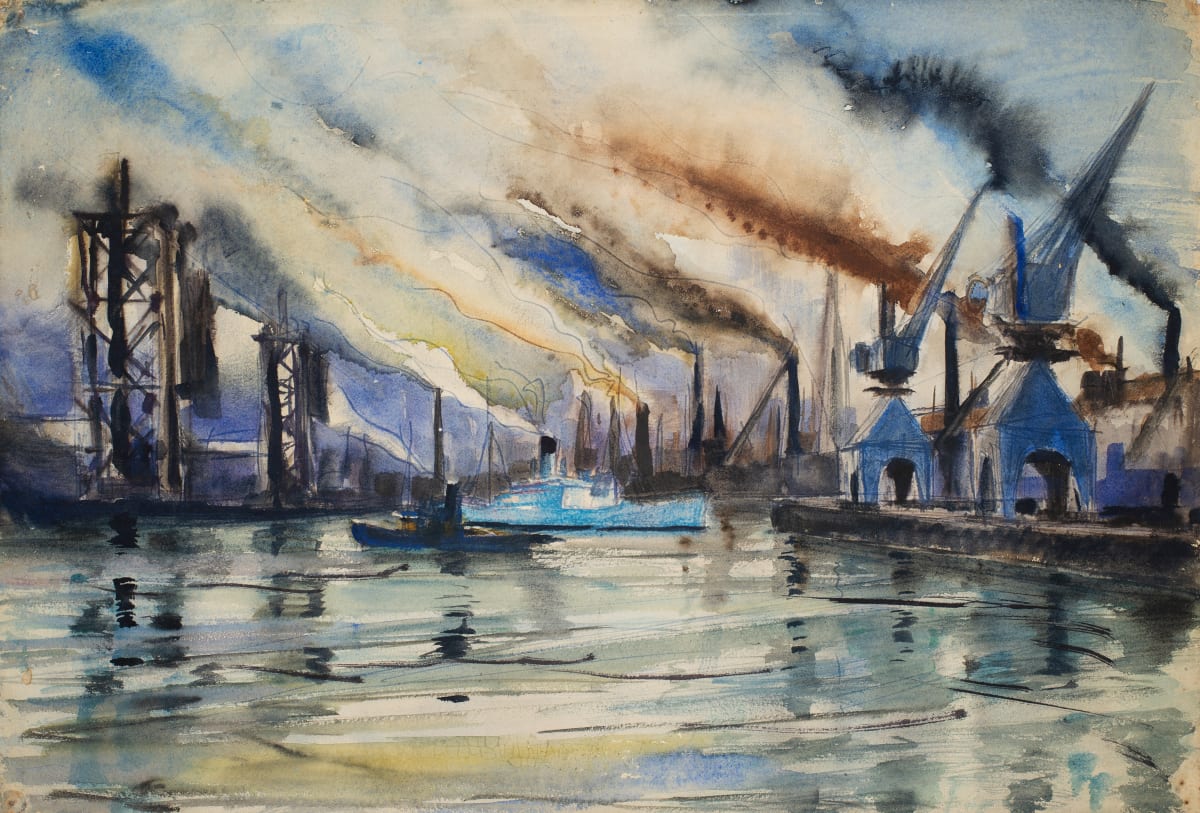 Untitled (Harbor Scene with Factory Smoke Stacks) by Michael Lester  Image: Recto