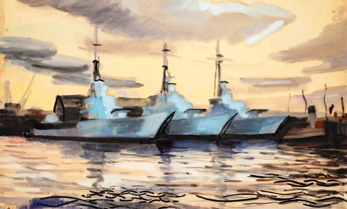 Untitled (Three Docked Blue Warships) by Michael Lester, Image 1.