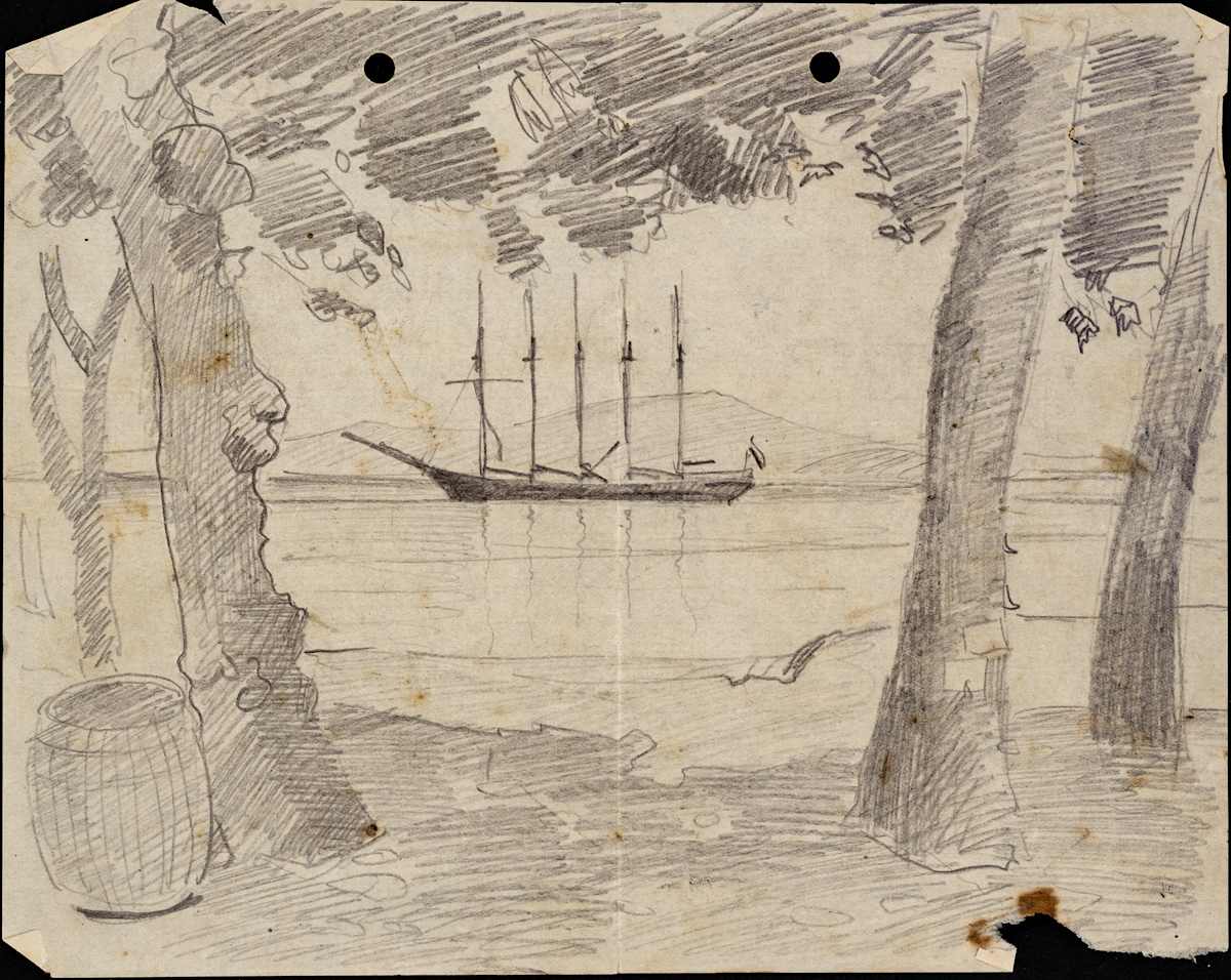 Untitled (View of Five Masted Ship Through Trees) by Michael Lester  Image: Recto