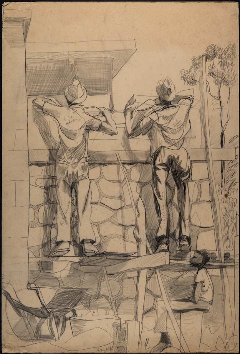 Untitled (Study of Two Men Building a Wall) by Michael Lester, Image 1.