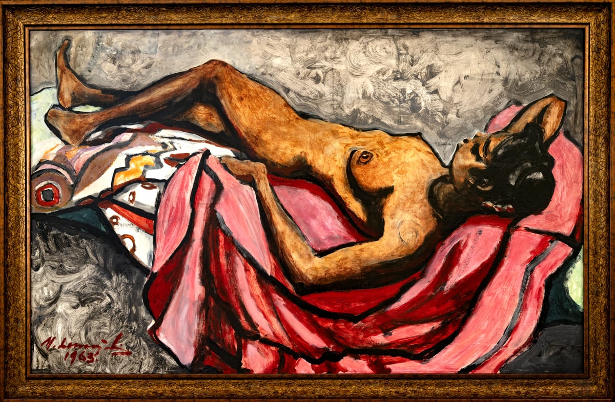 Nude with Red Skirt (Alternative Title, "Reclining Nude on Red") by Michael Lester  Image: Recto
