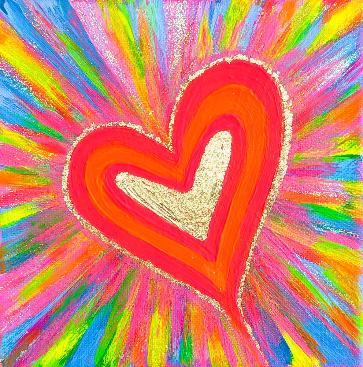 Radiate Love by Roshni Patel  Image: "Radiate Love" is part of a mini-series of three paintings that explore the theme of illumination. This painting invites us to explore the depths of our own being and connect with the universal language of the heart. It speaks directly to our souls, igniting a sense of unity, compassion, and interconnectedness. Through its vibrant imagery, this artwork inspires us to tap into the boundless well of love within us. As we embody the essence of love, we radiate its transformative energy, fostering a world filled with compassion and understanding.
At the center of the painting, a vibrant heart in hues of red and orange is adorned with delicate gold leaf accents as a trim and as the center of the heart. Surrounding the heart, a symphony of multicolored rays of paint strokes emanates outward, creating a dynamic and vibrant display. The prevalence of pink within these strokes signifies femininity, innocence, love, compassion, and empathy.
