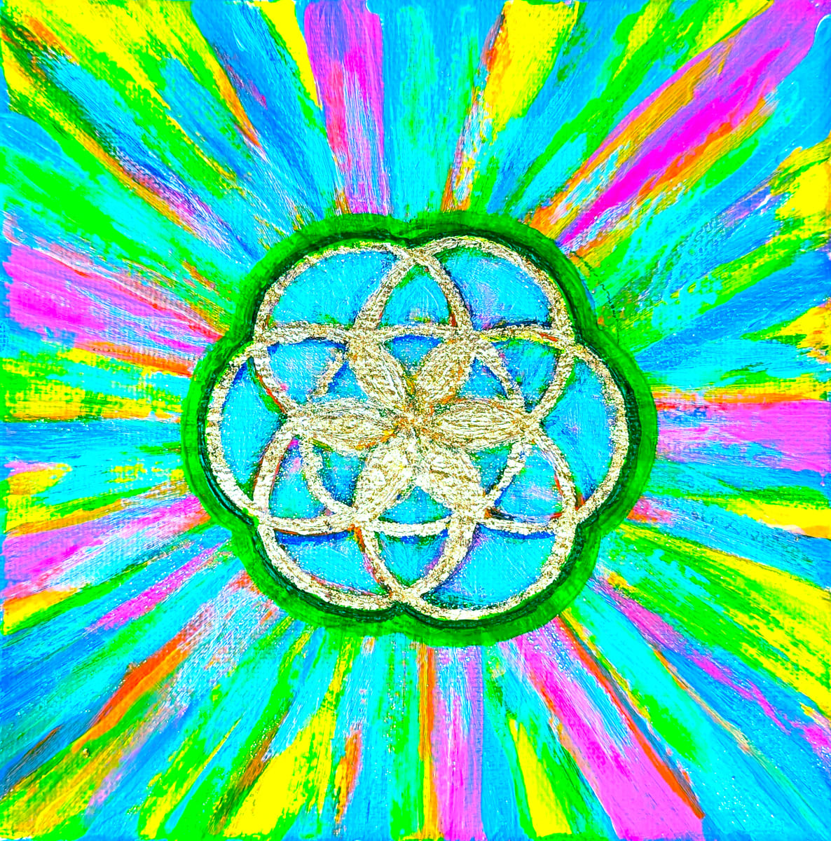Radiate Peace by Roshni Patel  Image: "Radiate Peace" is part of a mini-series of three paintings that explore the theme of illumination. It is a visual representation of spreading peace and tranquility. It encourages us to cultivate inner peace within ourselves and radiate it outward, creating a harmonious environment both within and around us. This piece reminds us of the inherent power we hold to bring about positive change through our own inner peace and the ripple effect it creates within the universe. 

At the center of the painting, the seed of life symbol, crafted with gold leaf, symbolizes the interconnection of life on Earth and universal existence. Multicolored rays of paint strokes surround this symbol, with blue as the dominant color, symbolizing calmness, inner peace, serenity, and the soul. 