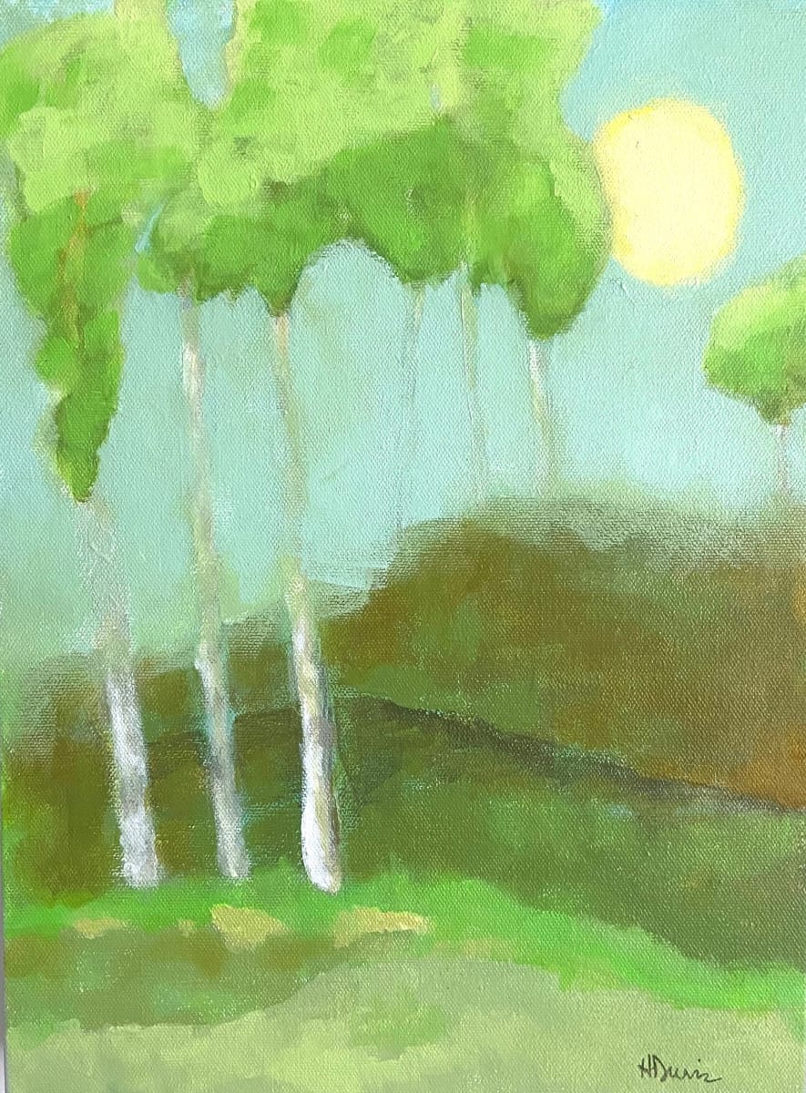 Color Study in Green by Heather Duris  Image: Abstract landscape with trees; color study to develop creating form with shades of similar color