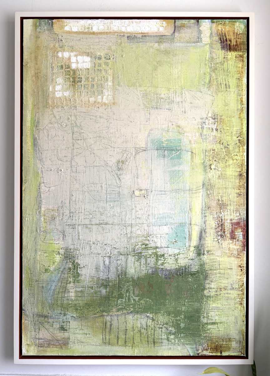 Scars on Green Fields by Heather Duris  Image: Abstract oil and paper on canvas.