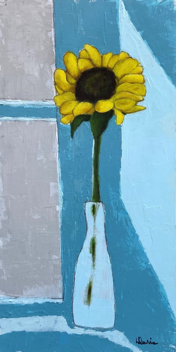 Single Sunflower in Bottle by Heather Duris  Image: Single Sunflower in Bottle a playful rendering of still life