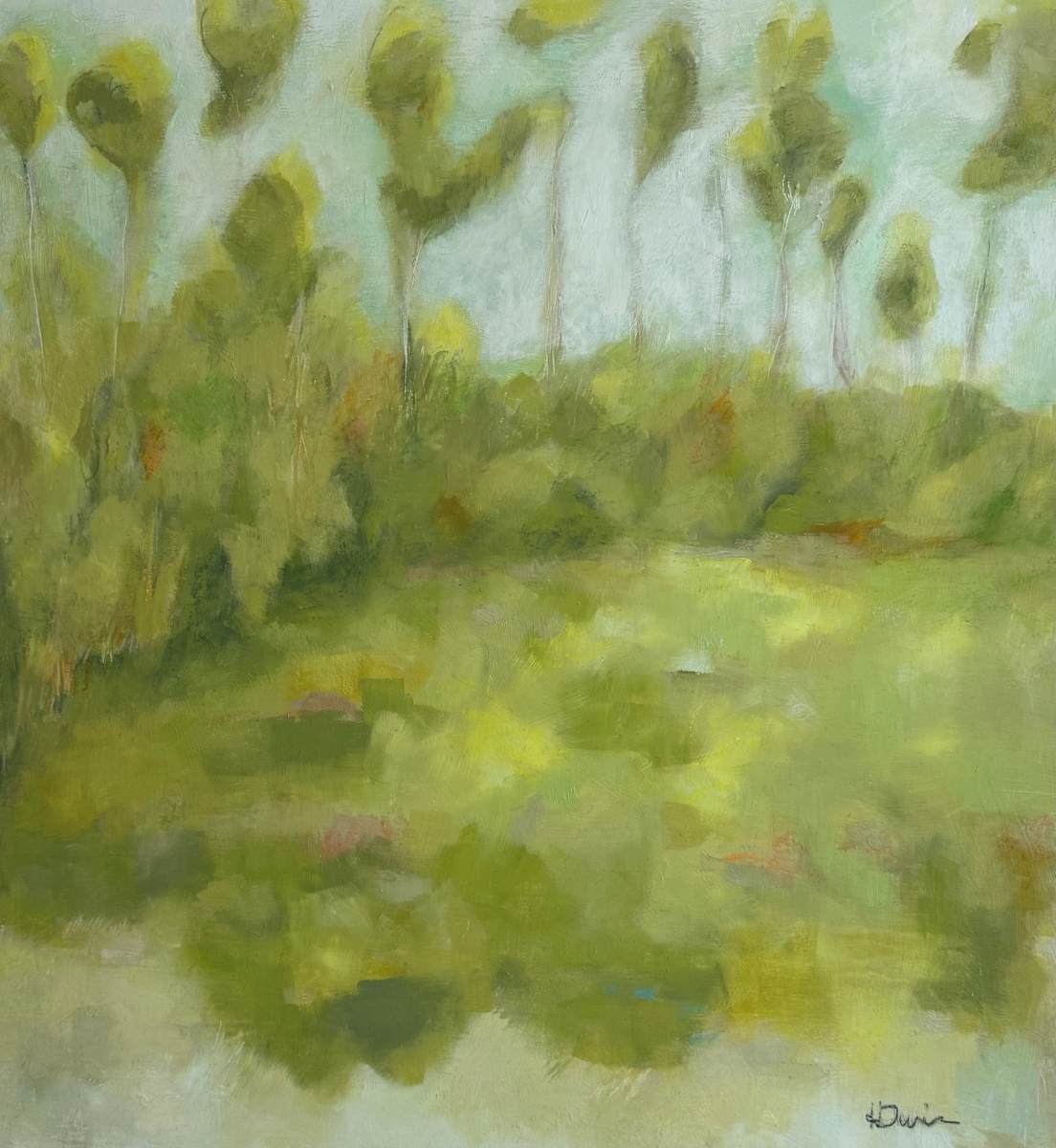 Softly, Spring by Heather Duris  Image: Oil on wood panel, framed. Softly, Spring is a gently portrayed landscape in early spring.