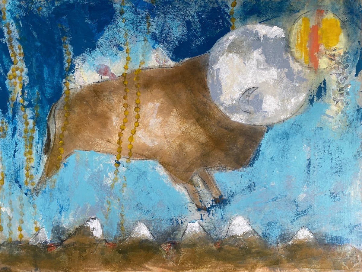 Sometimes I Dream That I Can Roam Freely by Heather Duris  Image: Large painting in a primitive style with bison flying with the moon and sun over mountains.