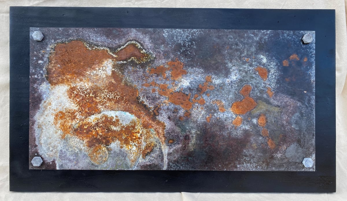 Moons by Heather Duris  Image: Acid Etched Metalwork on steel mounted on wood panel
