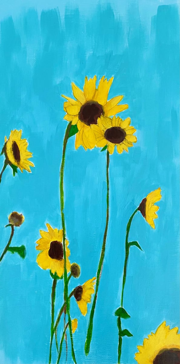 Sunflowers On Blue by Heather Duris  Image: Happy grouping of sunflowers on blue background
