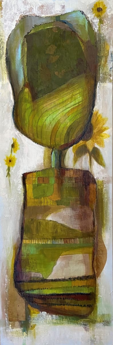 Sunflower Season by Heather Duris  Image: Abstract acrylic and paper on wood panel. Inspired by driving through Kansas at the end of summer, with highways lined with sunflowers and prairie grasses.
