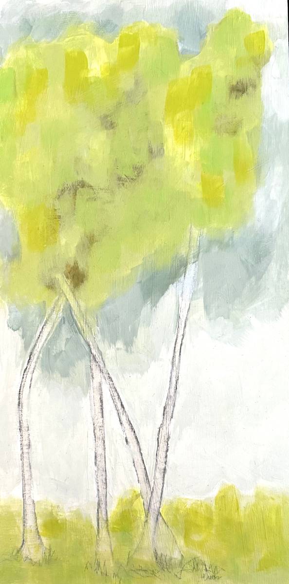 Three Trees With White Trunks by Heather Duris  Image: Acrylic painting on wood panel of three trees with white trunks. Graphite was used to emphasize outlines.