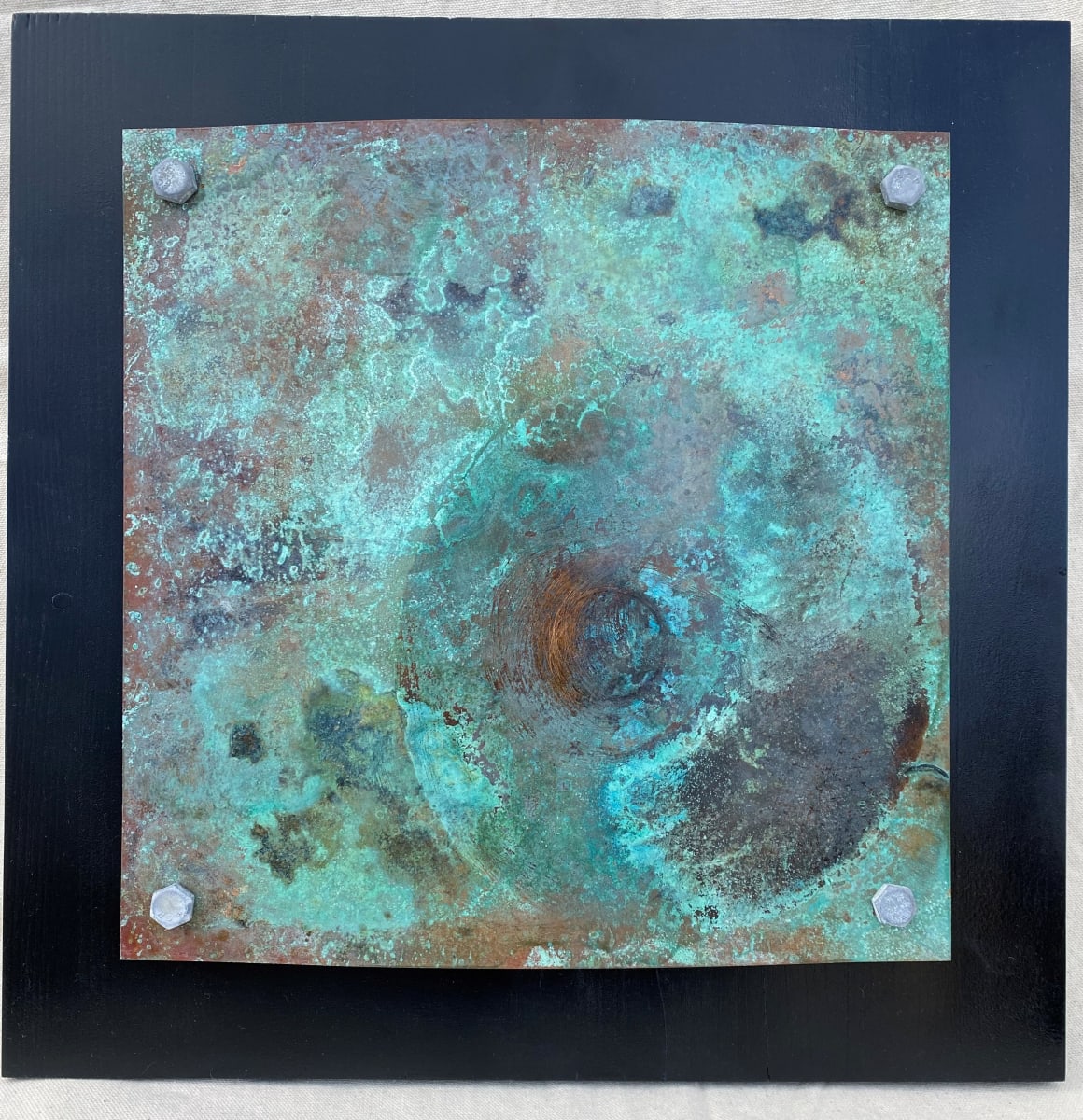 Sphere by Heather Duris  Image: Acid Etched copper plate mounted on wood board with steel bolts.