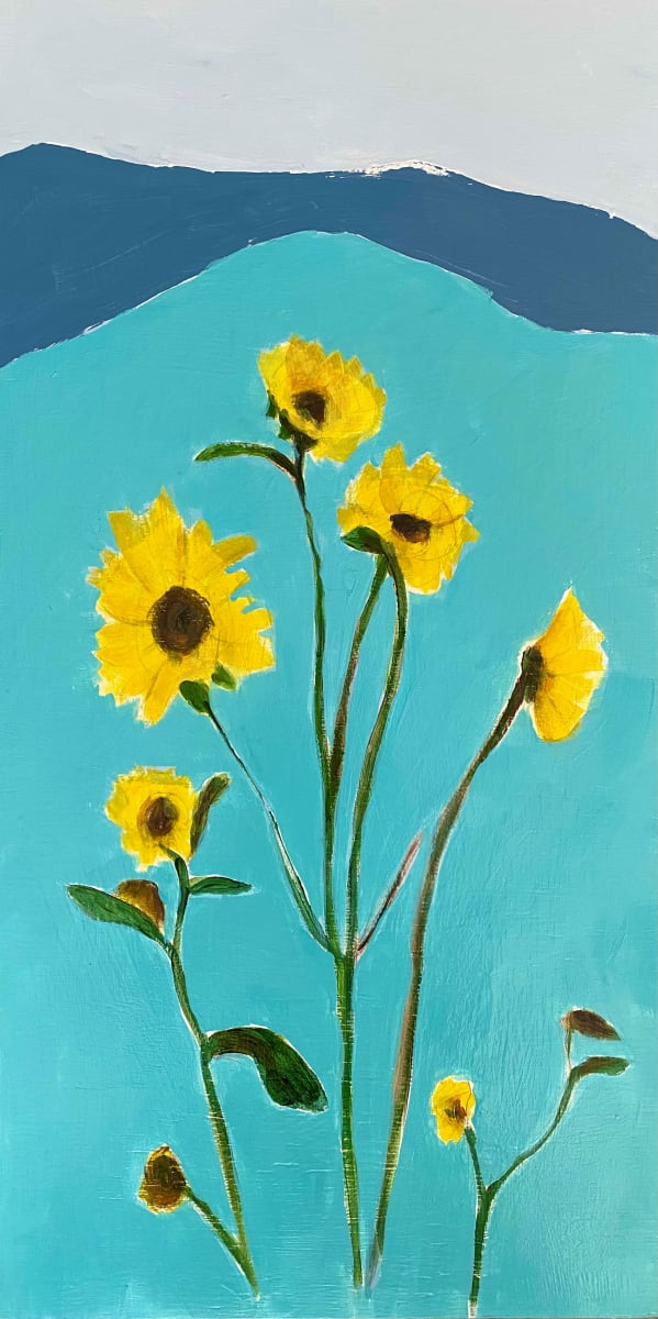 Sunflowers in the Mountains by Heather Duris  Image: Sunflower grouping with abstract mountain background