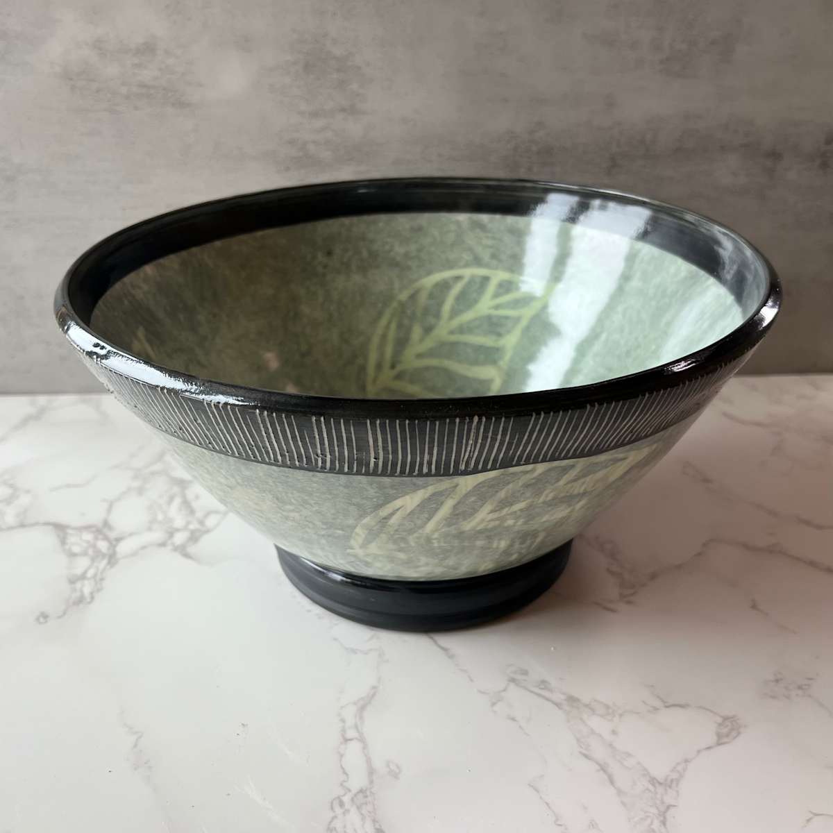 Bowl with stencil leaf motif in Sage Green by Kristin Bernhardt Conrad 
