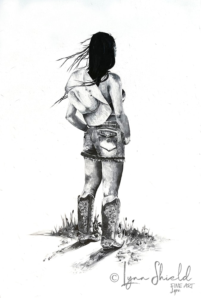 Daydreamer by Lynn Shield  Image: Black & white oil painting of a cowgirl looking off into the distance.