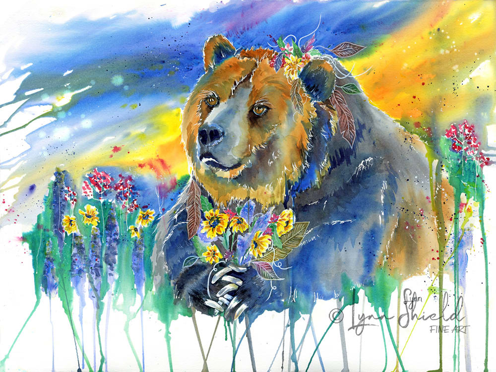 Flower Girl by Lynn Shield  Image: This sweetheart has picked a bouquet of wildflowers and put some in her hair. Painted with Brusho in shades of sandstone, grey, blue, and yellow, with a pop of pink and lavender. 