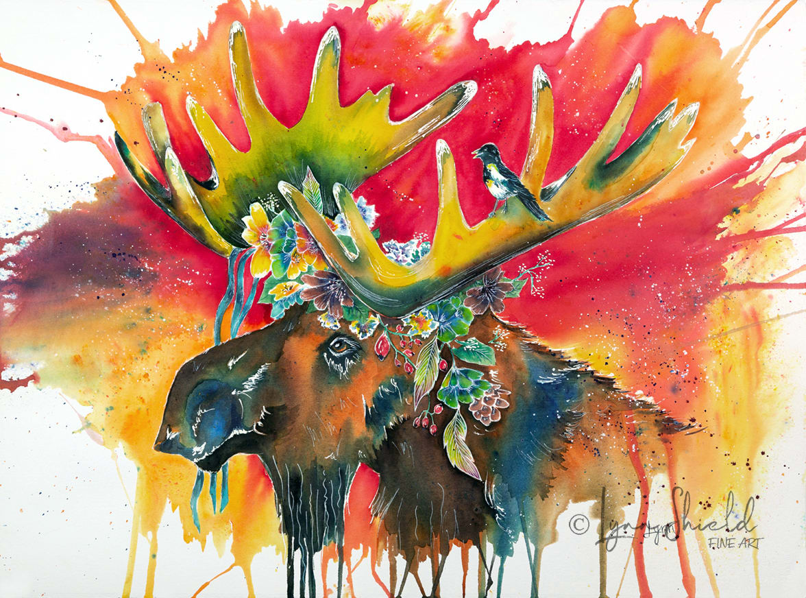 Groovy Groom by Lynn Shield  Image: Moose with an explosion of red sky in the background. Painted with Brusho in  shades of sandstone, aquamarine, red and yellow, with a pops of orange, green.