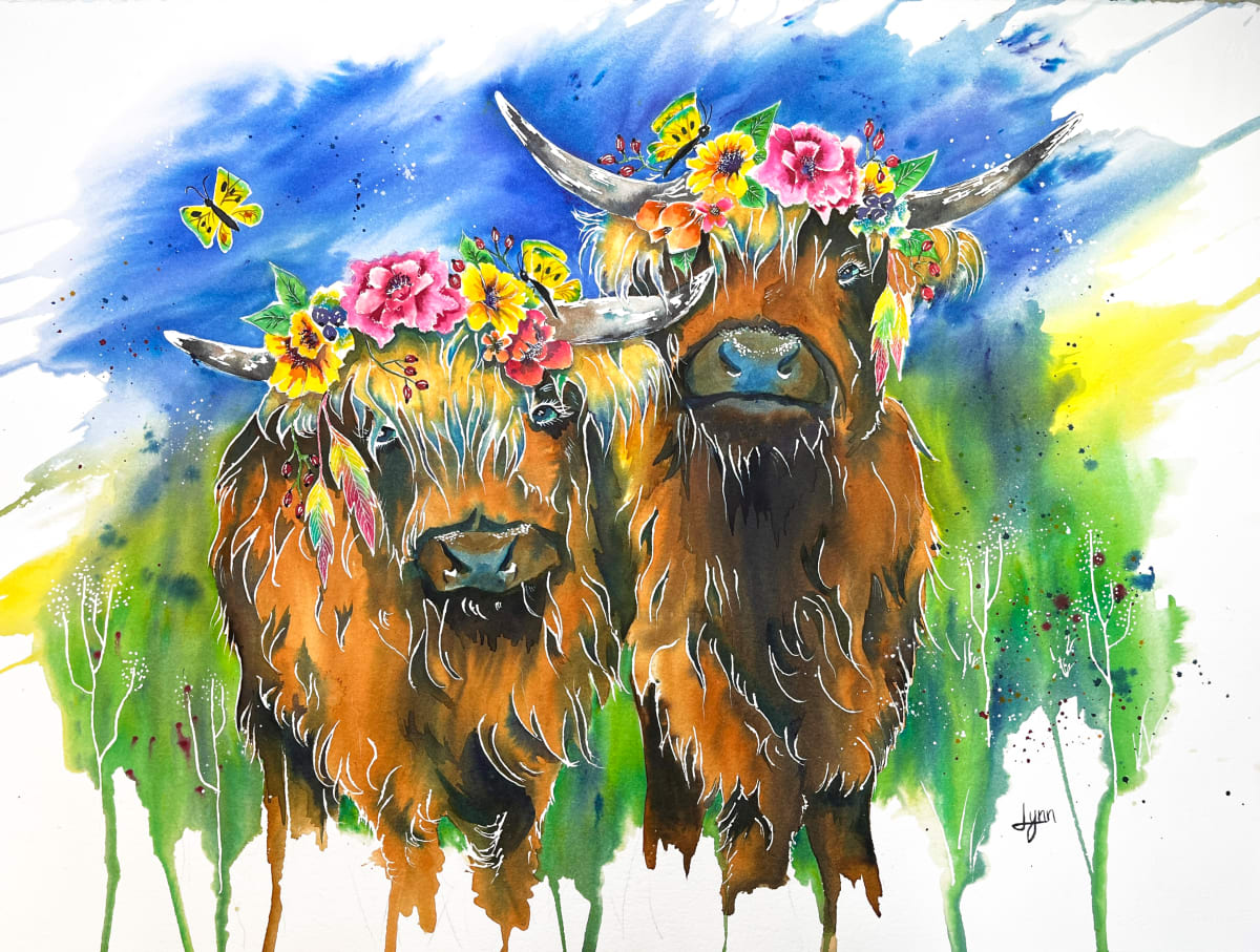 Bridesmaids by Lynn Shield  Image: Two adorable highland coos dressed in their prettiest flowers, all ready to stand up for their beautiful friend, The Bride. Painted with Brusho in beautiful shades of sandstone, brown, green and blue, with bursts of yellow, orange and pink. 
